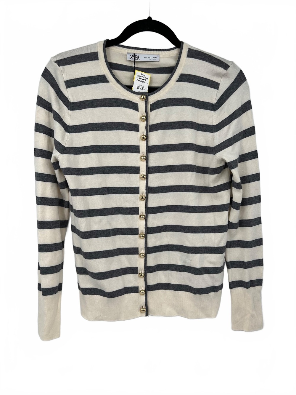 Zara Cream Gray Striped Cardigan | Women’s L Viscose-Polyamide
